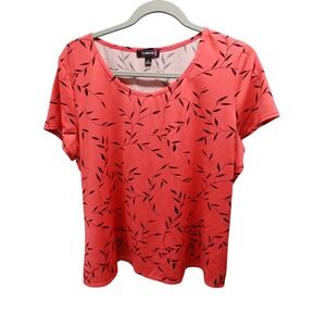 Elementz Blouse XL Coral Pink Black Leaf Print Scoop Neck Short Sleeve MZPU0180